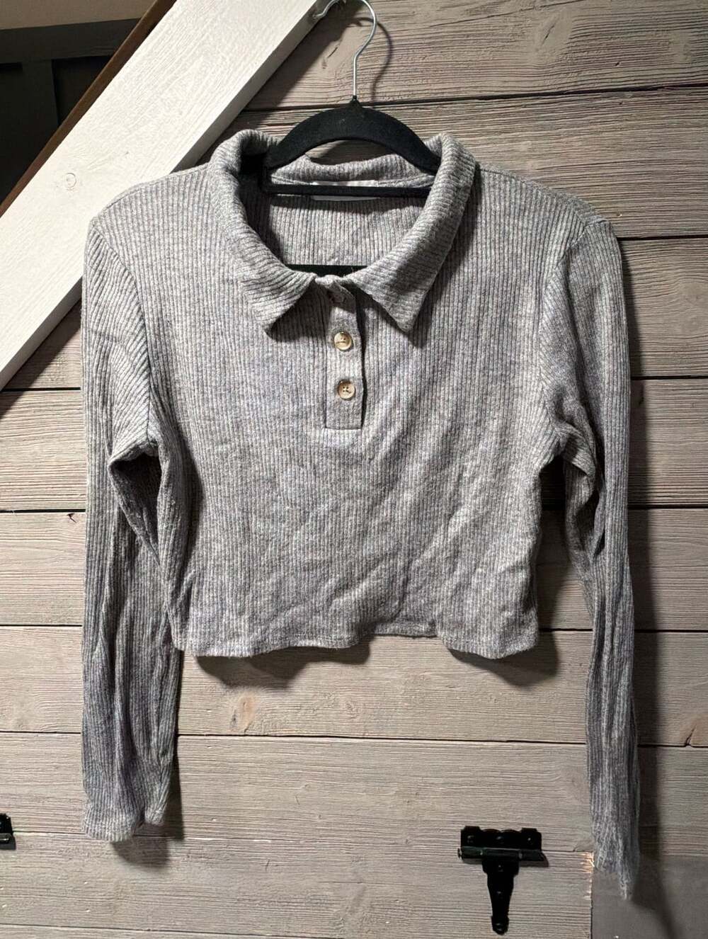 Primark Cares Long Sleeve Polo Crop Top Size L Gray Ribbed Knit